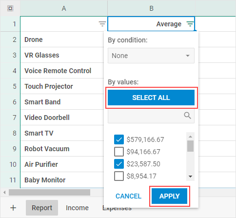 DHTMLX Spreadsheet column filter dialog with the Select all button for clearing value filters