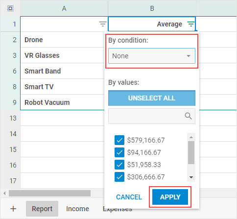 DHTMLX Spreadsheet filter dialog with the By condition None option for clearing filters