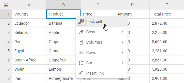 DHTMLX Spreadsheet context menu with a custom Lock icon from Font Awesome