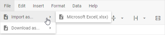 Меню «Файл» DHTMLX Spreadsheet с параметром «Импорт как» для файлов Microsoft Excel XLSX