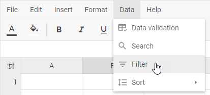 DHTMLX Spreadsheet Data menu with the Filter option for activating column filters