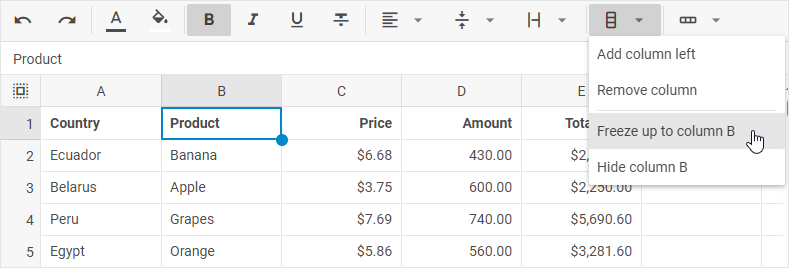 Кнопка «Столбцы» на панели инструментов DHTMLX Spreadsheet с выделенной опцией «Закрепить до столбца»