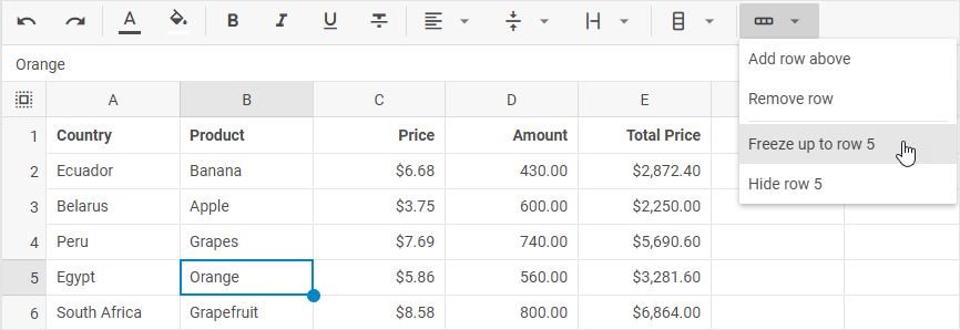 Кнопка «Строки» на панели инструментов DHTMLX Spreadsheet с выделенной опцией «Закрепить до строки»