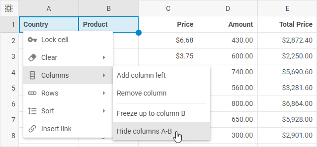 Контекстное меню DHTMLX Spreadsheet с подменю «Столбцы» и пунктом «Скрыть столбцы»