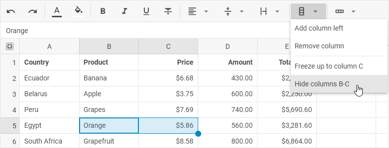 Кнопка «Столбцы» на панели инструментов DHTMLX Spreadsheet с выделенной опцией «Скрыть столбцы»