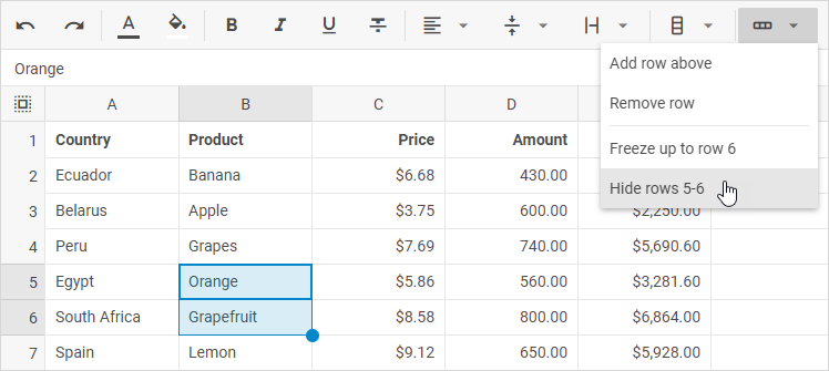 Кнопка «Строки» на панели инструментов DHTMLX Spreadsheet с выделенной опцией «Скрыть строки»