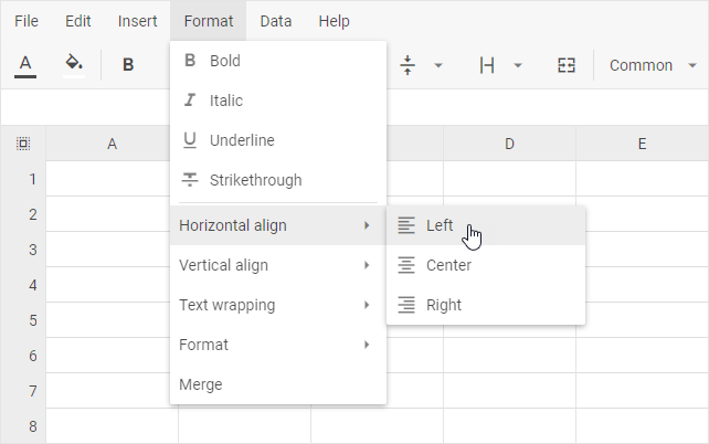 DHTMLX Spreadsheet Format menu with the Horizontal align submenu options