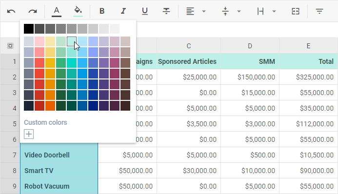 Панель инструментов DHTMLX Spreadsheet с элементами управления отменой, цветом, оформлением, выравниванием, ячейкой, форматом и действиями