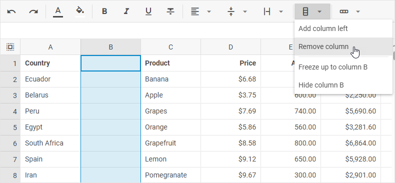 Кнопка «Столбцы» на панели инструментов DHTMLX Spreadsheet с выделенной опцией «Удалить столбец»