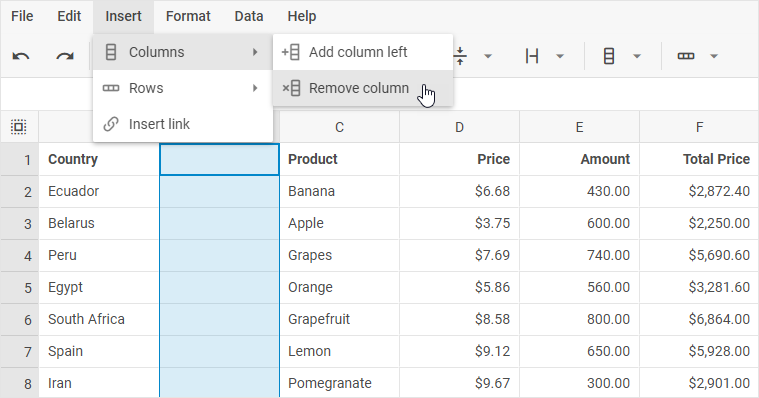 Меню Вставка DHTMLX Spreadsheet с пунктом «Столбцы» и опцией «Удалить столбец»