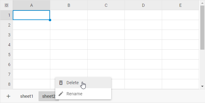Контекстное меню вкладки листа DHTMLX Spreadsheet с выделенным пунктом «Удалить»