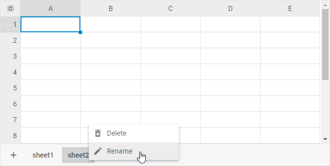 Контекстное меню вкладки листа DHTMLX Spreadsheet с опцией «Переименовать» и полем ввода имени