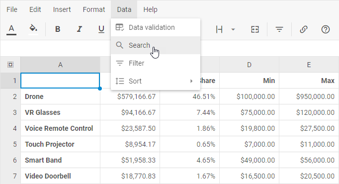 DHTMLX Spreadsheet search bar with a text input for finding data