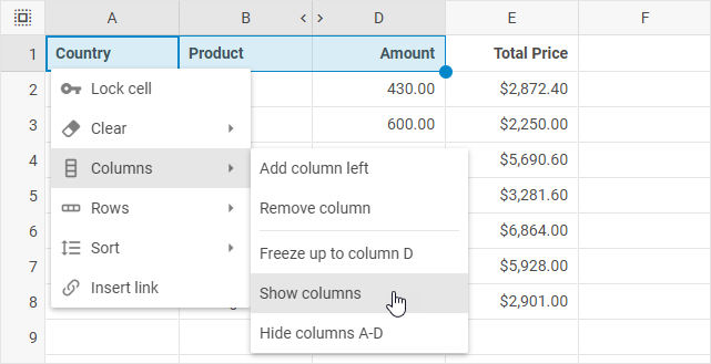 Контекстное меню DHTMLX Spreadsheet с подменю «Столбцы» и пунктом «Показать столбцы»