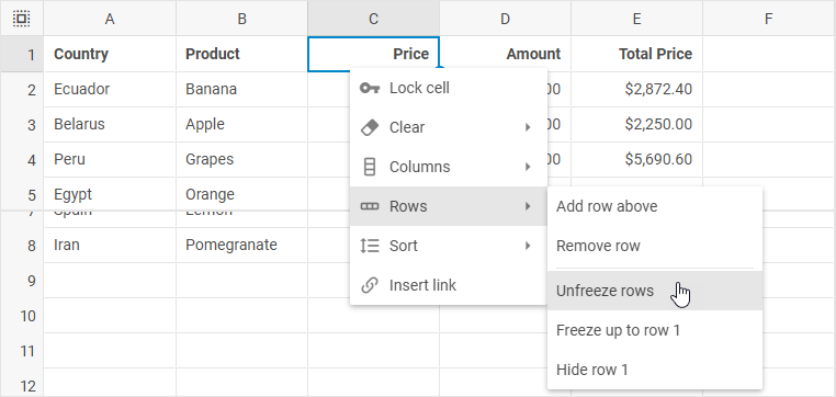 Контекстное меню DHTMLX Spreadsheet с подменю «Строки» и пунктом «Открепить строки»