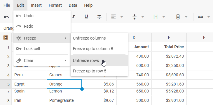 Меню Правка DHTMLX Spreadsheet с подменю «Закрепить» и пунктом «Открепить строки»