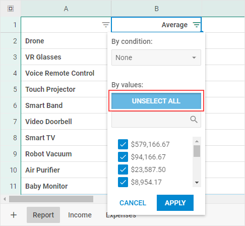 DHTMLX Spreadsheet column filter with the Unselect all button and value checkboxes