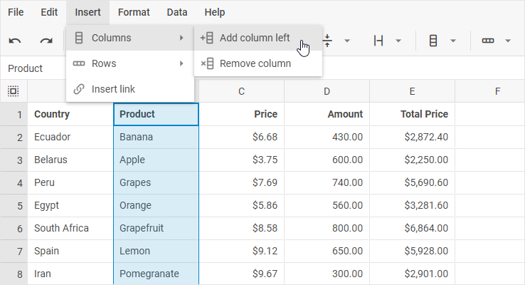 DHTMLX Spreadsheet Insert menu showing Columns and the Add column left option