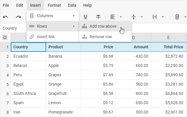 DHTMLX Spreadsheet Insert menu showing Rows and the Add row above option