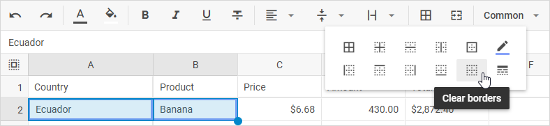 DHTMLX Spreadsheet 边框工具栏按钮，高亮显示清除边框选项