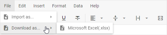 DHTMLX Spreadsheet 文件菜单，包含将数据下载为 Microsoft Excel XLSX 的选项