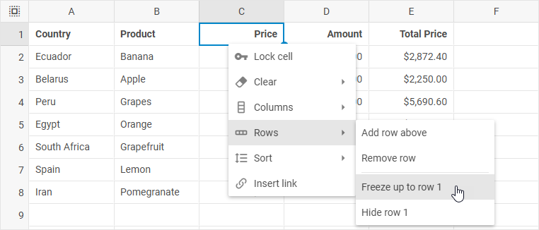 DHTMLX Spreadsheet context menu with the Rows submenu showing Freeze up to row