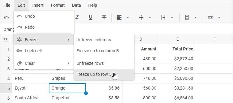 DHTMLX Spreadsheet Edit menu with the Freeze submenu showing Freeze up to row