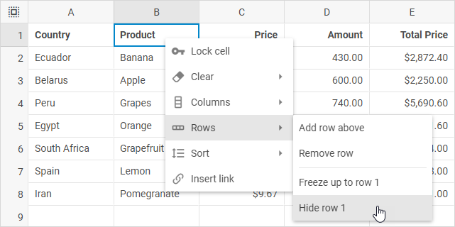 DHTMLX Spreadsheet context menu with the Rows submenu showing Hide rows
