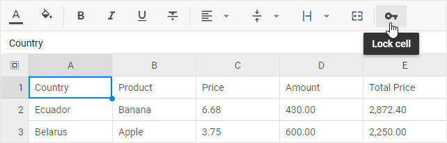 DHTMLX Spreadsheet toolbar with the Lock cell button highlighted