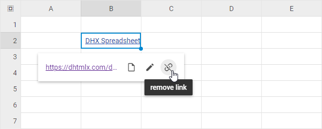 DHTMLX Spreadsheet link popup with the Remove link icon highlighted