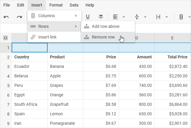 DHTMLX Spreadsheet Insert menu showing Rows and the Remove row option