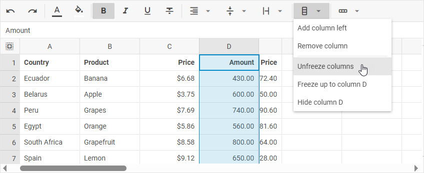 DHTMLX Spreadsheet Columns toolbar button with the Unfreeze columns option highlighted