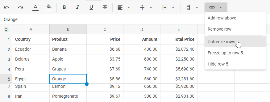 DHTMLX Spreadsheet Rows toolbar button with the Unfreeze rows option highlighted