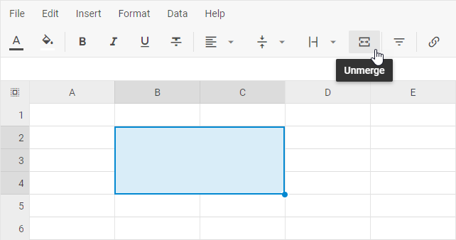 DHTMLX Spreadsheet toolbar with the Unmerge button for splitting merged cells