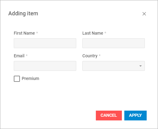 Adding item window with empty form fields for name, email, country and a premium checkbox in DHTMLX Suite