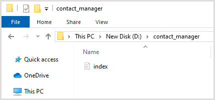 File explorer showing the contact_manager folder with an index file in DHTMLX Suite